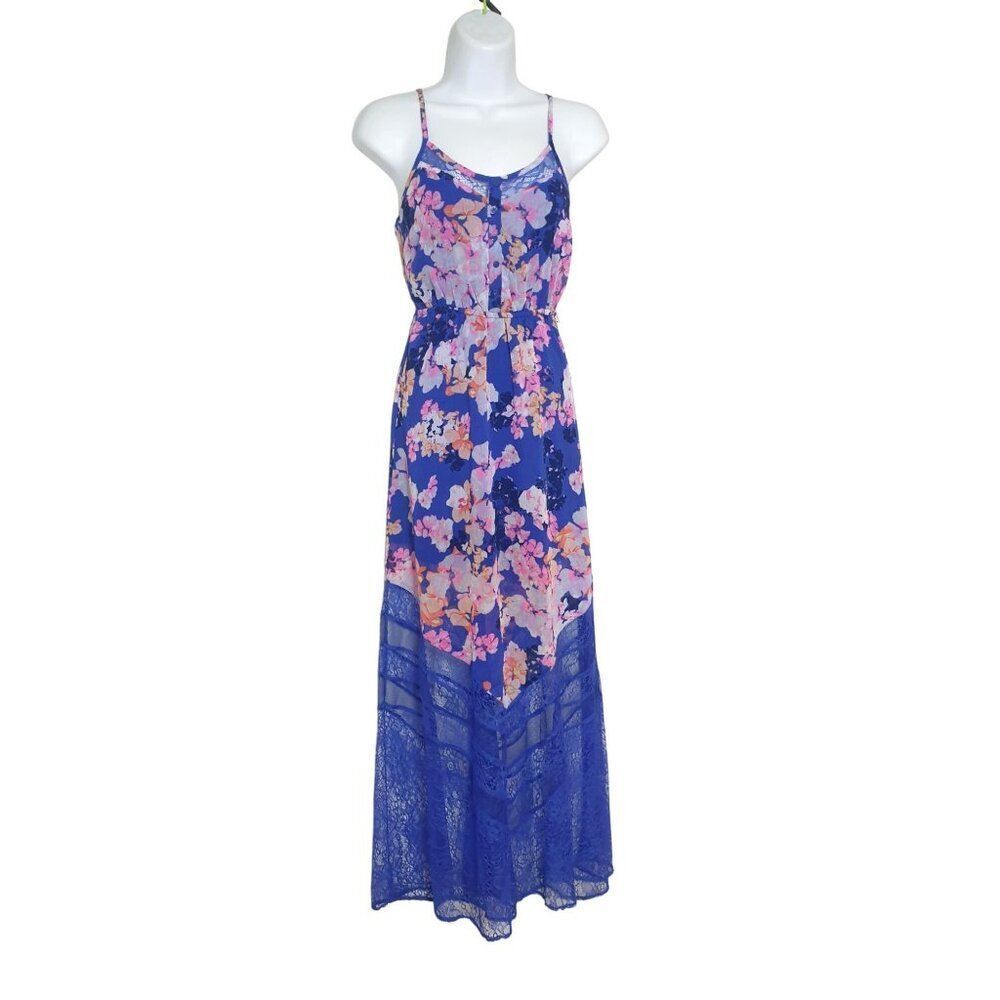 Candies Sleeveless Floral Maxi Dress XS Blue & Pink Lace Hem Hawaiian Boho